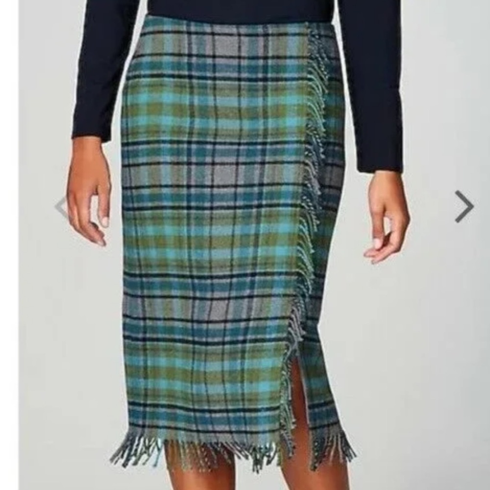 J. Jill Women's Plaid Fringe Wool Blend Pencil Skirt Size 10 Petite gray blue gr